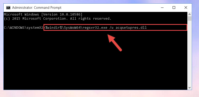 Uninstalling the damaged Acqsetupres.dll library's registry from the system (for 64 Bit)